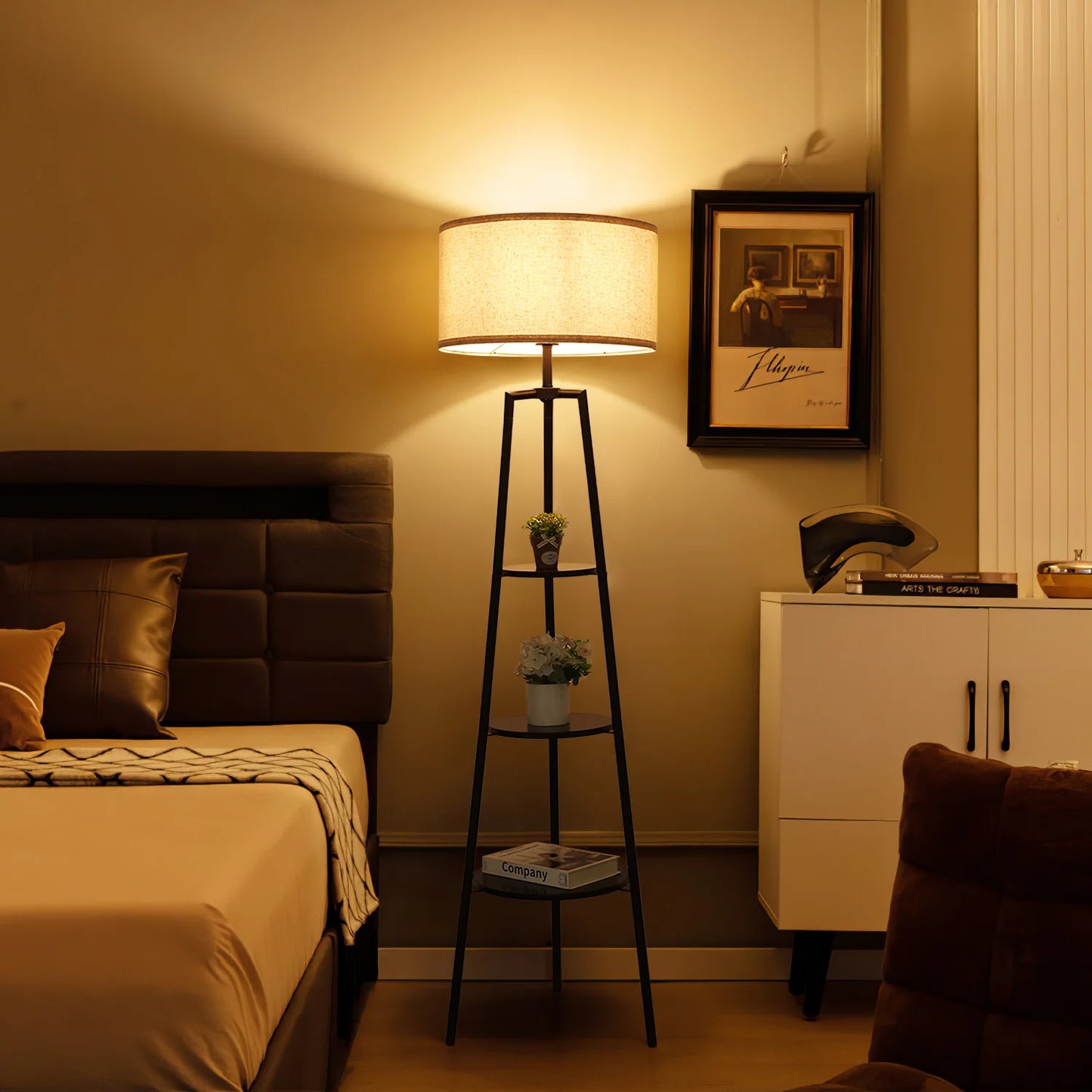 Round Fabric Floor Lamp with Shelf