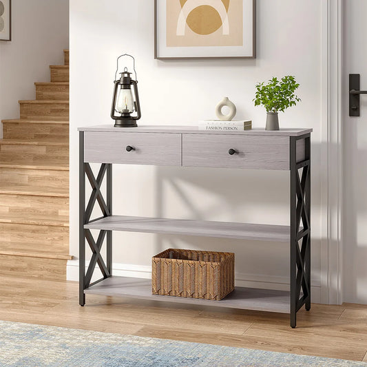 Rustic Grey Wooden Console Table with Drawers