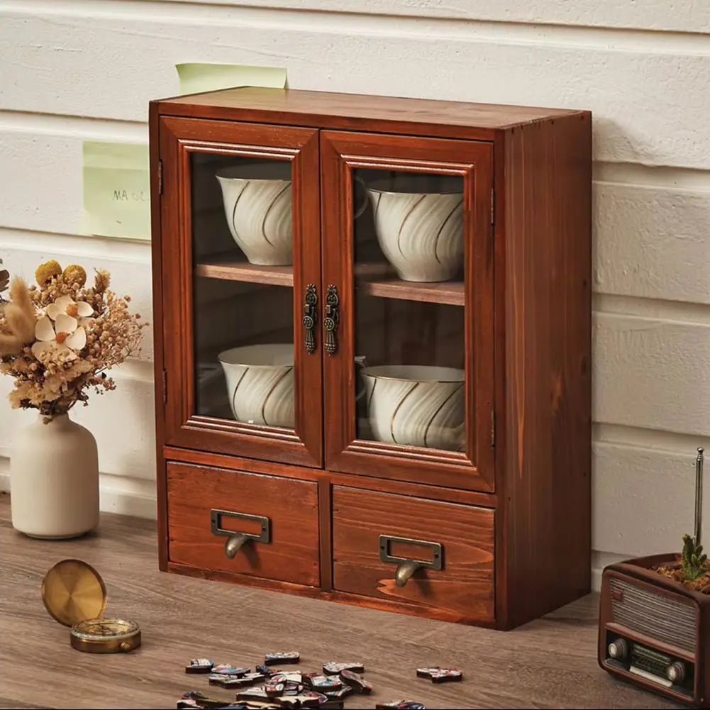 Retro Wooden Desktop Storage Organizer with Drawer
