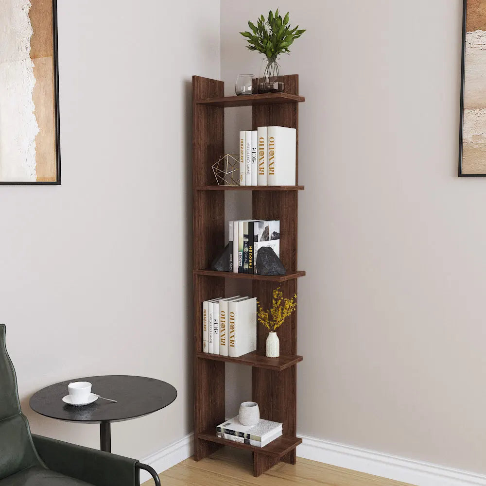 Tiered Walnut Corner Storage Bookshelf