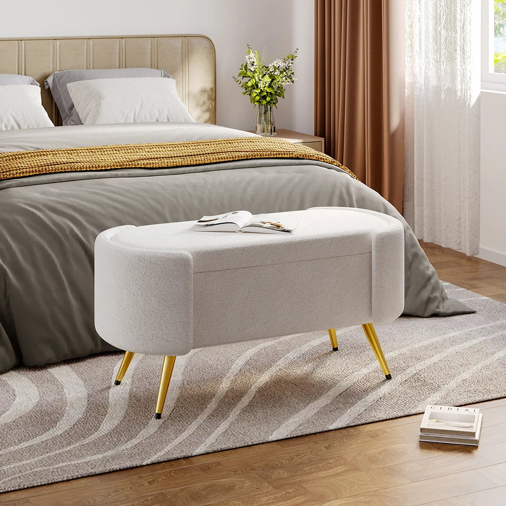 White Sherpa Upholstered Oval Bench