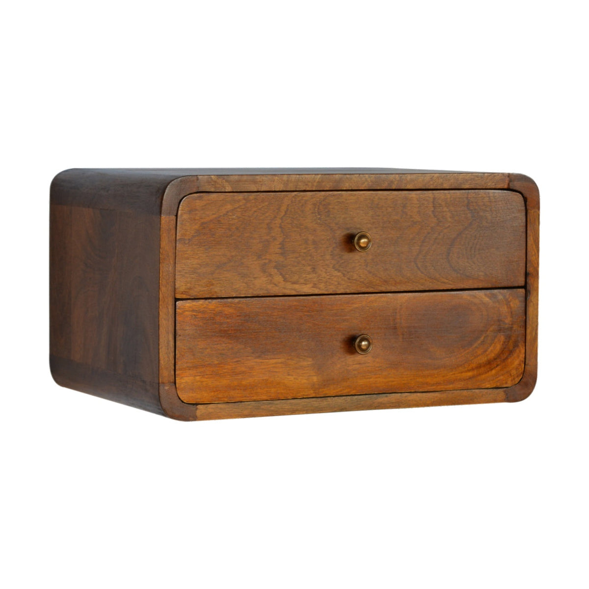 Floating Curved Bedside Shelf mounted on wall beside a bed