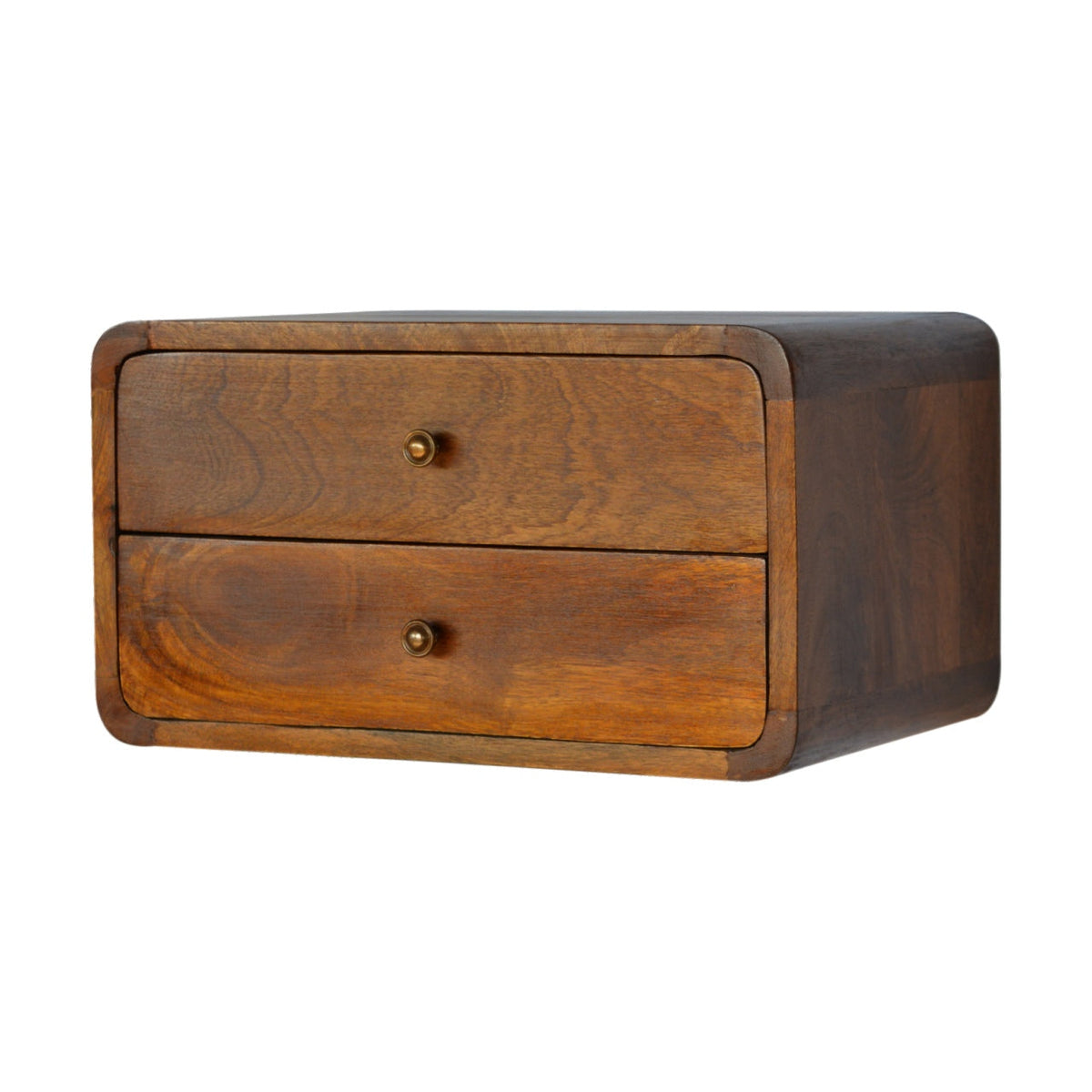 Close-up of the Floating Curved Bedside Shelf's drawer and knob detail