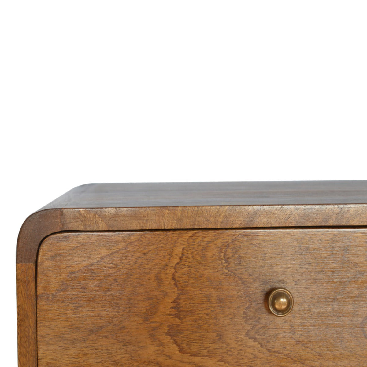 Floating Curved Bedside Shelf, drawer open showing storage space