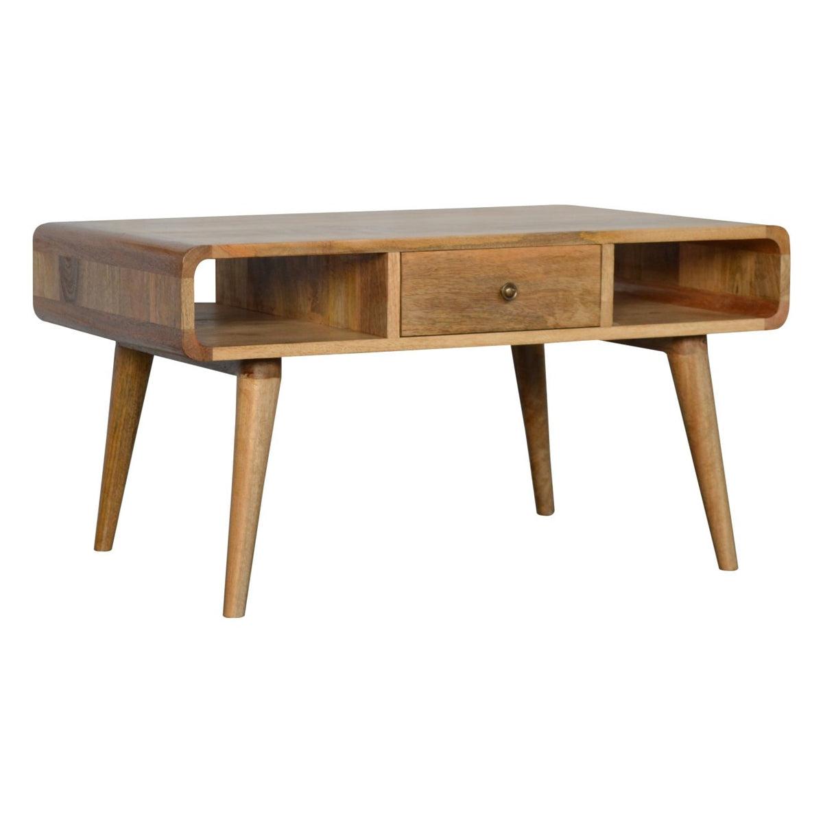 Close-up of the Curved Open Coffee Table's open shelf and drawer knobs