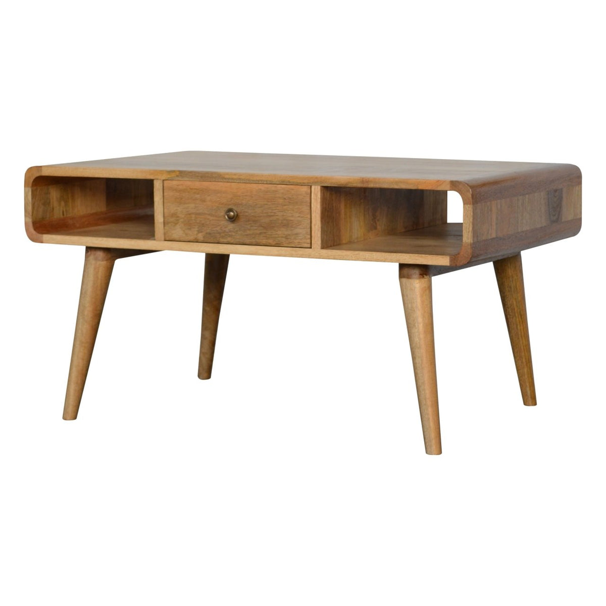 Curved Open Coffee Table side angle, showing Scandinavian-style tapered legs