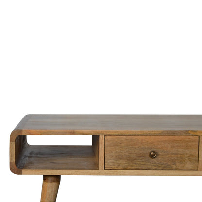Curved Open Coffee Table drawer open, showing storage space