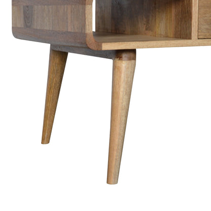 Detail view of the Curved Open Coffee Table's solid mango wood grain
