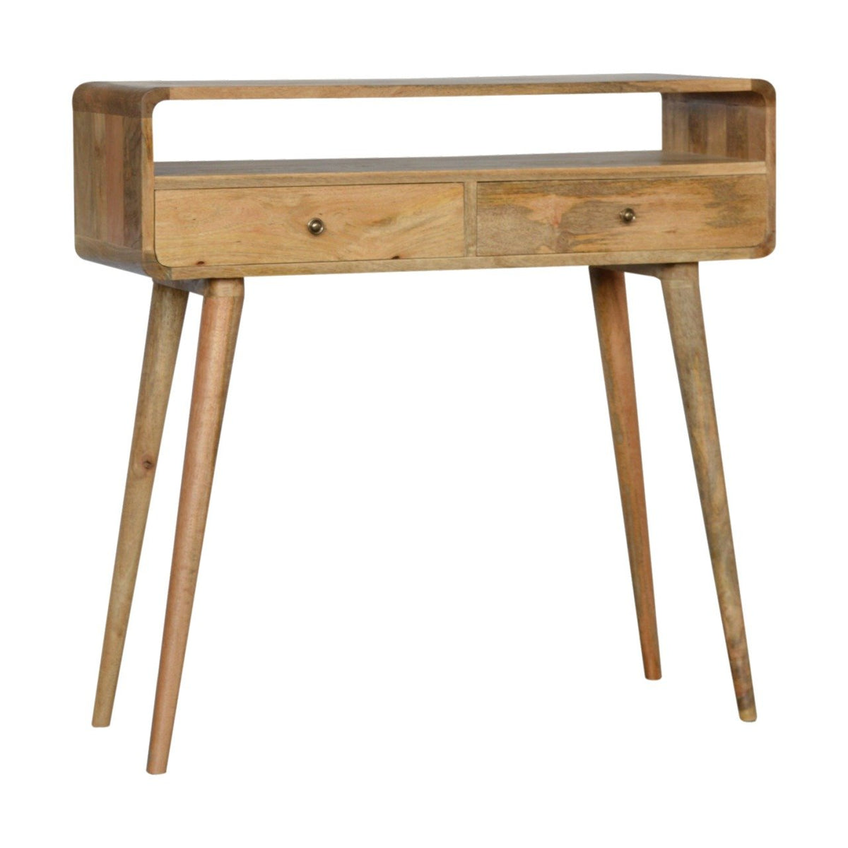 Close-up of the Curved Wood Console Table's drawer knobs and open slot