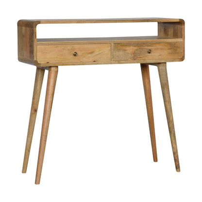 Close-up of the Curved Wood Console Table's drawer knobs and open slot
