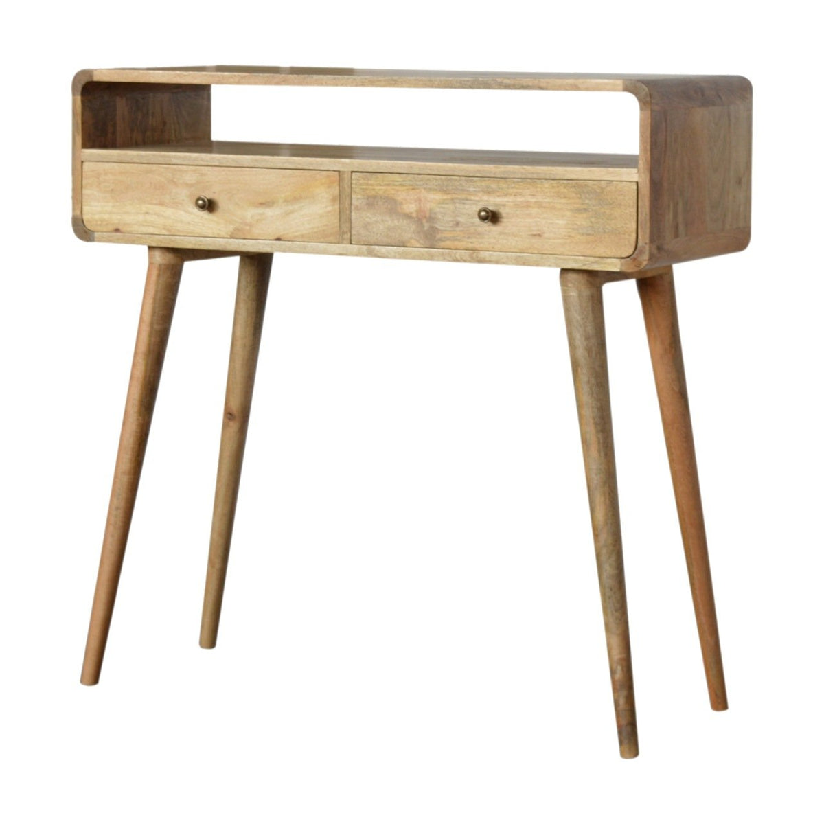 Curved Wood Console Table styled in an entryway setting