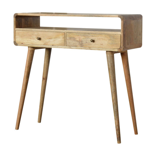 Curved Wood Console Table styled in an entryway setting