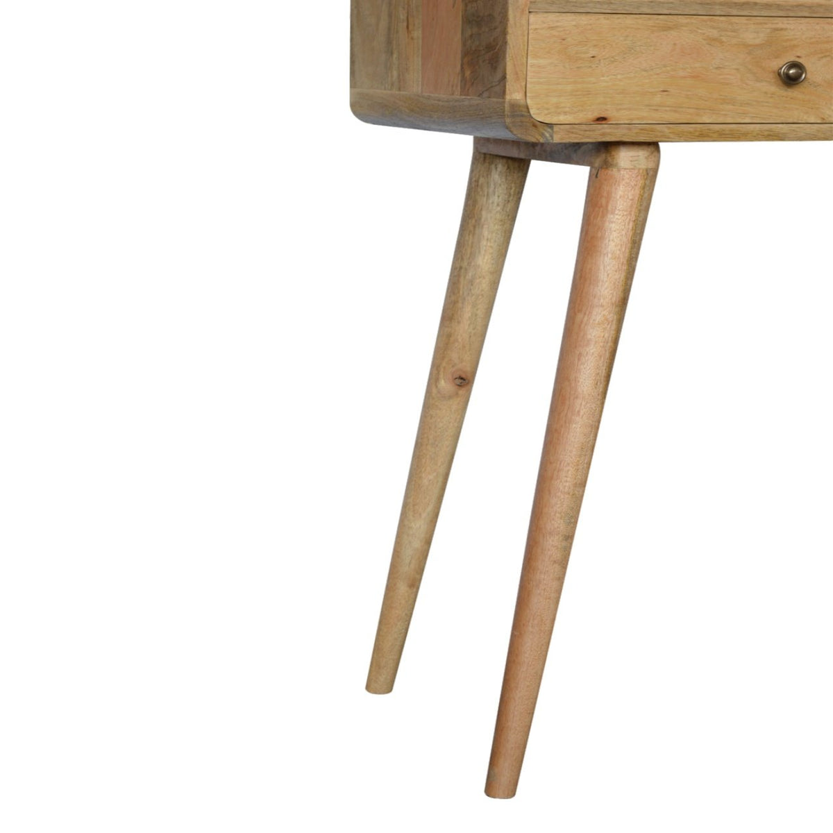 Curved Wood Console Table, close-up of Scandinavian-style legs