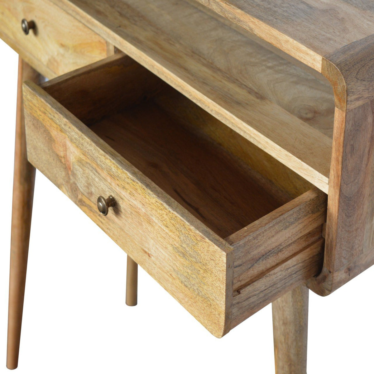 Curved Wood Console Table, drawer open showing storage space