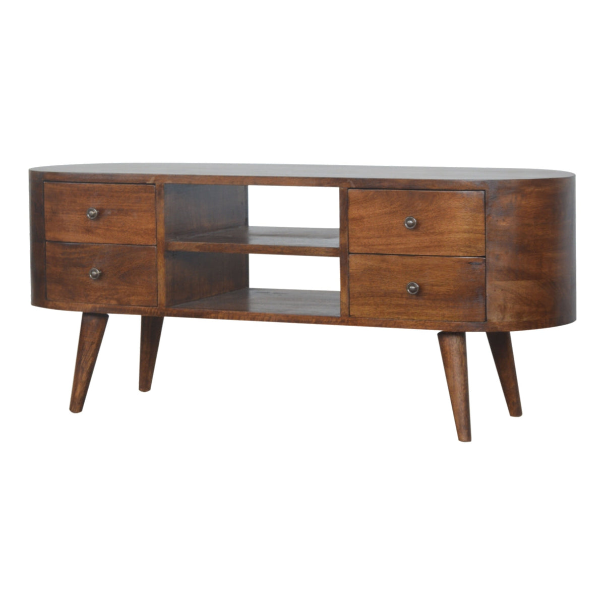 Close-up of the Chestnut Media Console Unit's drawer knobs