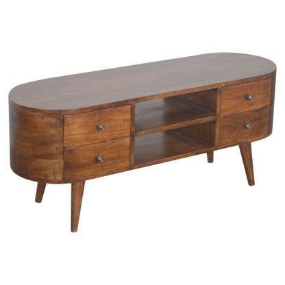 Chestnut Media Console Unit, side profile showing Nordic-style legs