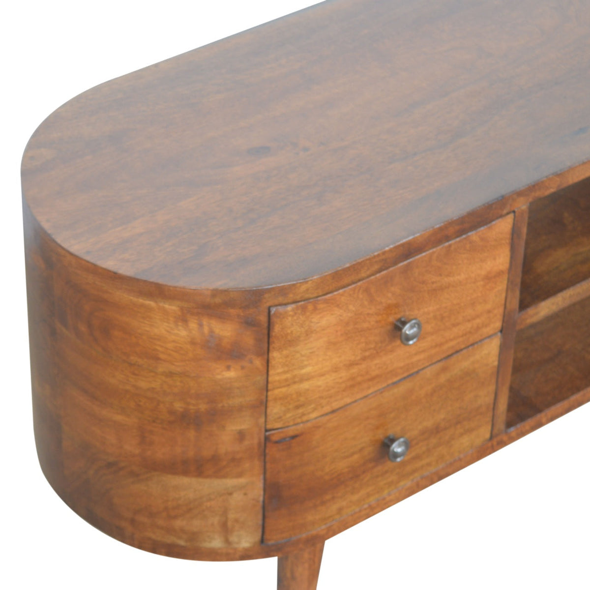 Chestnut Media Console Unit, drawer open showing storage space