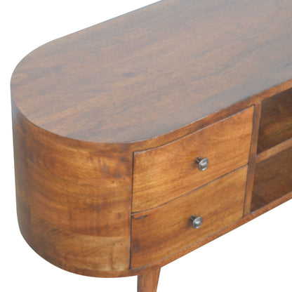 Chestnut Media Console Unit, drawer open showing storage space