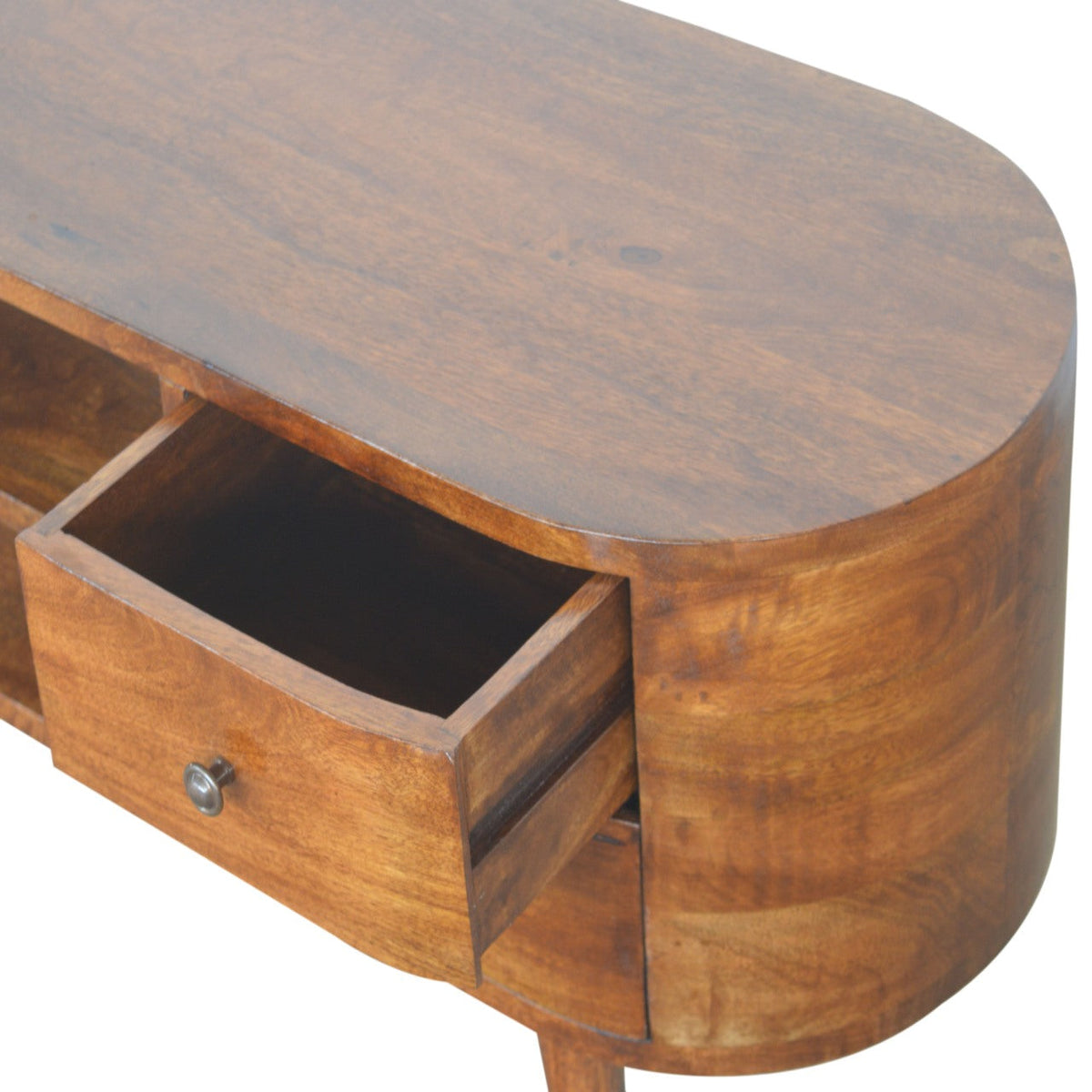 Detail view of the Chestnut Media Console Unit's rounded edges