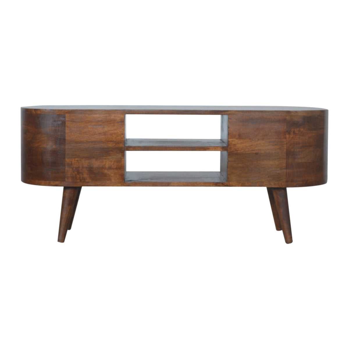 Chestnut Media Console Unit styled with media devices on top
